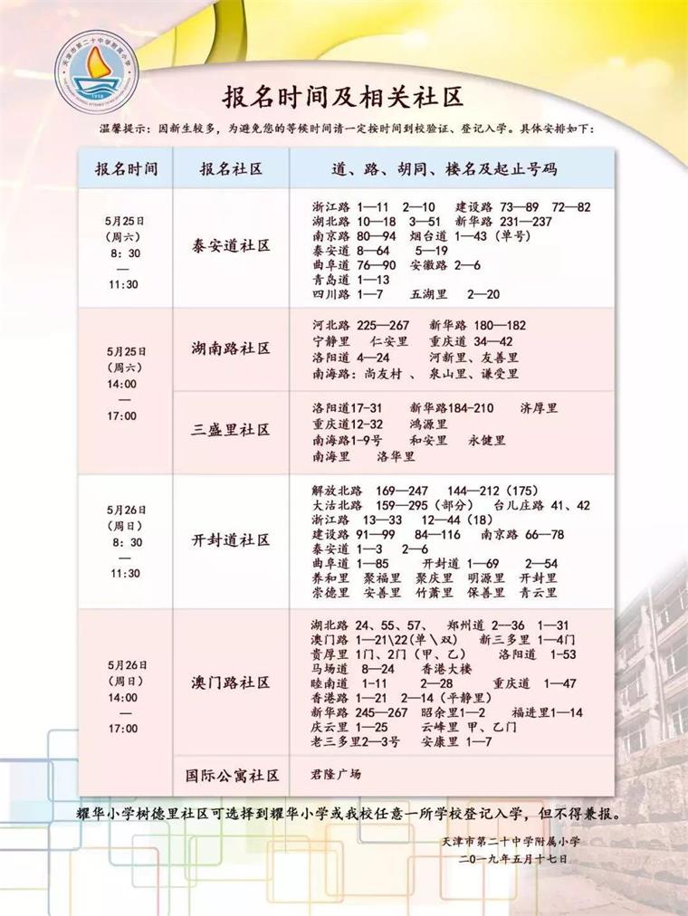 2019年天津和平区第二十中学附属小学招生简章